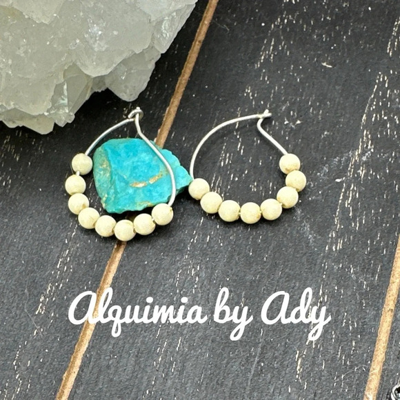 Buffalo white Turquoise and silver statement hoops earrings/bohemian western - Picture 1 of 7